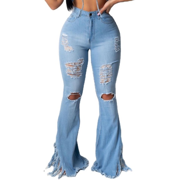 ❤️ NWT Flare Fringe Shredded Light Wash - Picture 4 of 9